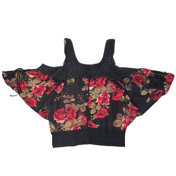 GUESS Sheer Top Women's Size Small Floral Black Lace Cold Shoulder Y2K - Picture 1 of 11
